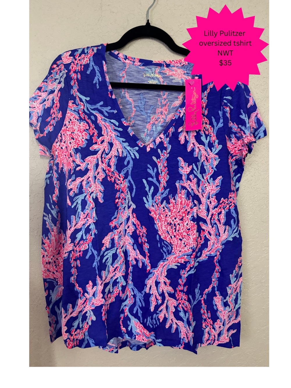 Lilly Pulitzer Royal Blue V-Neck Tee with Pink Coral Print